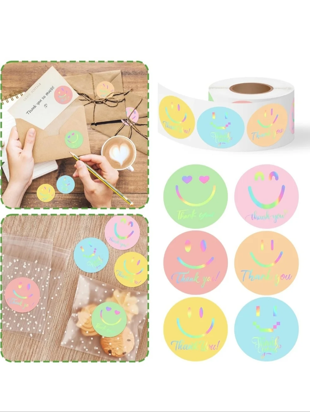 150 Holographic Pastel Thank You Smiley Sticker Labels 1.5